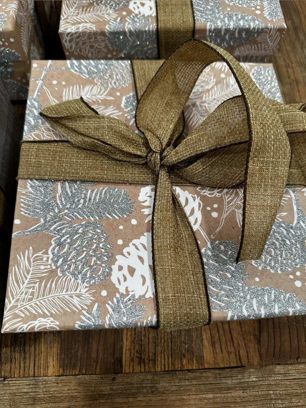 Rustic Brown & Silver Gift Boxes with Brown Ribbon - Home Party Supplies